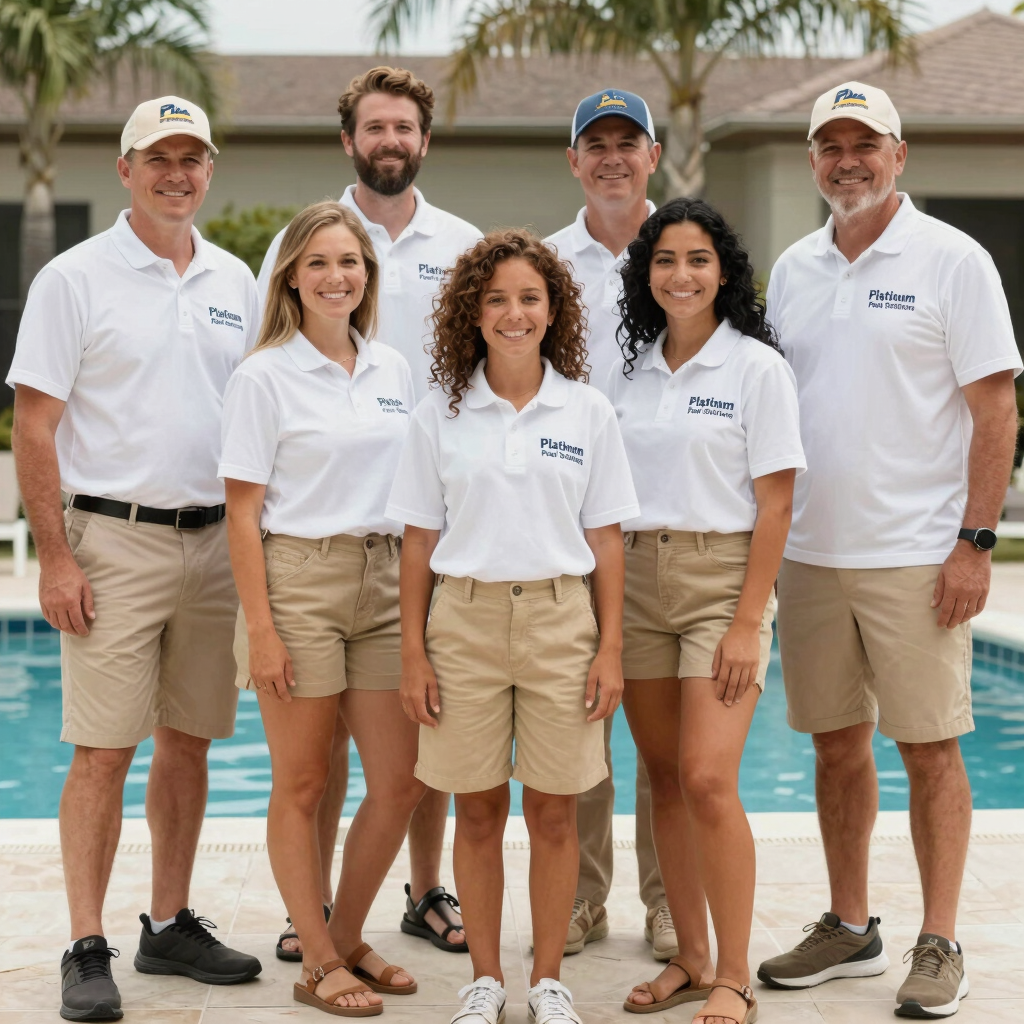 A warm family portrait of the founders and current team of Platinum Pool Solutions standing beside a custom-built backyard swimming pool.