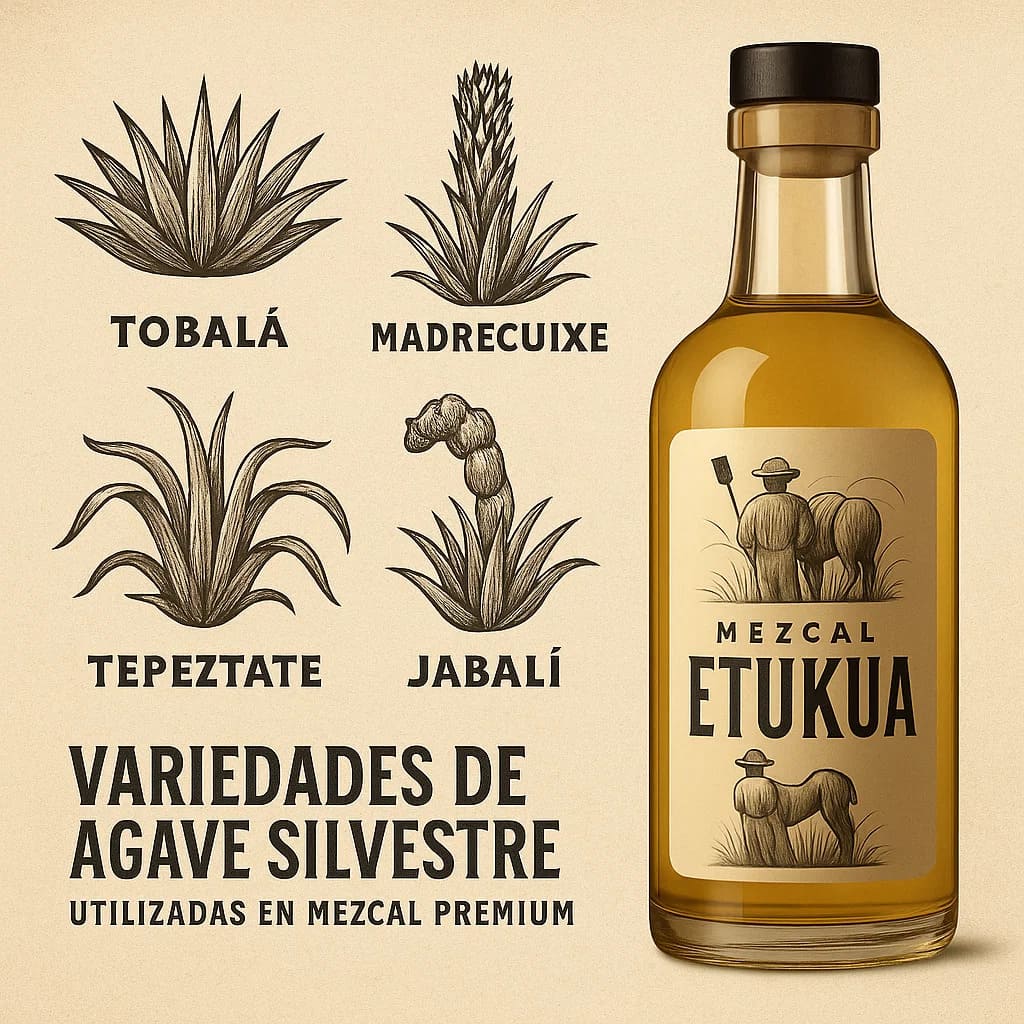 Collage de diferentes tipos de agave silvestre: Tobalá, Madrecuixe, Tepeztate y Jabalí.