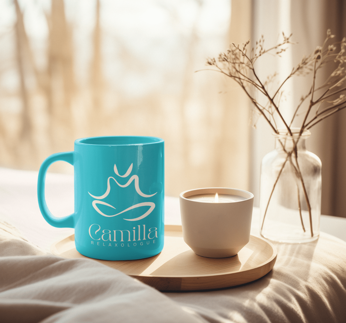 Identité visuelle pour praticienne du bien-être affichant un mug et bougie parfumée sur un plateau.