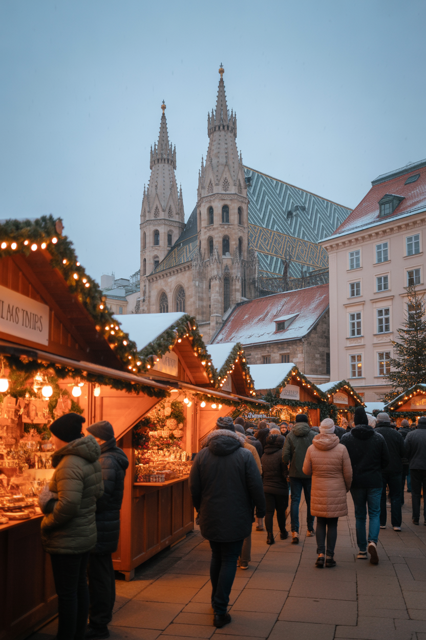 Crowds walking through a festive Christmas market in Vienna with St. Stephen's Cathedral in the background.