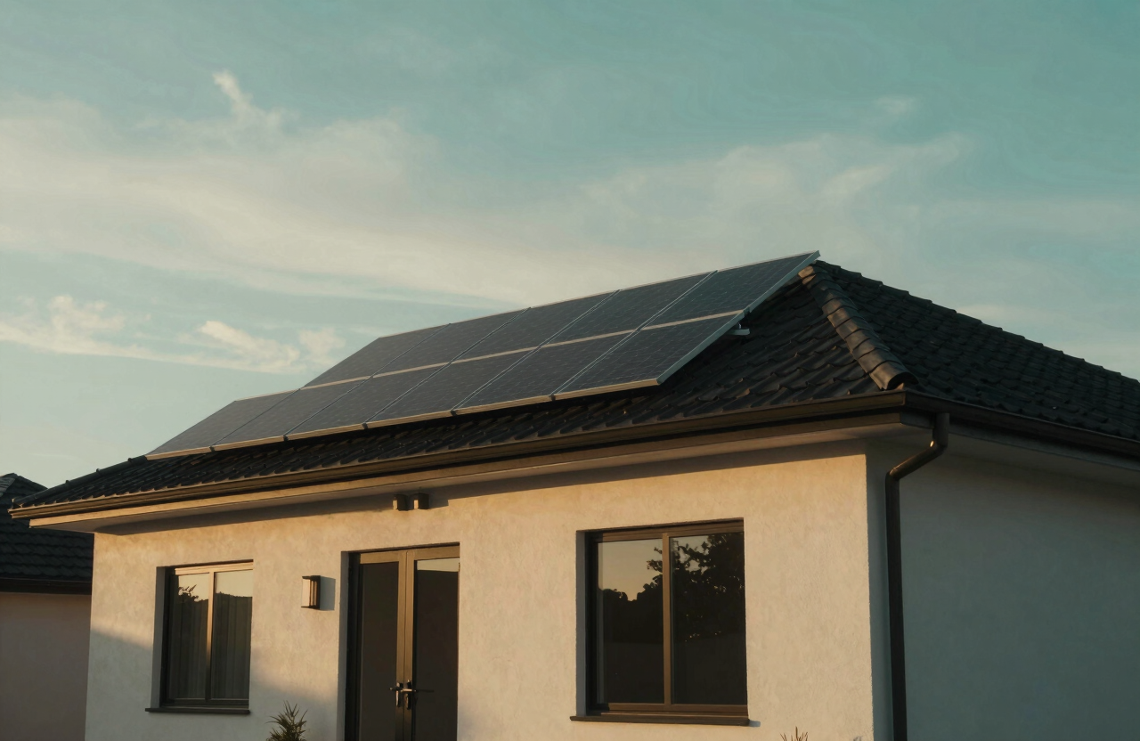 A modern family home at sunset, the sky a blend of sea green and soft off-white. The silhouette of solar panels is visible on the roof, representing security and independence from foreign gas markets.