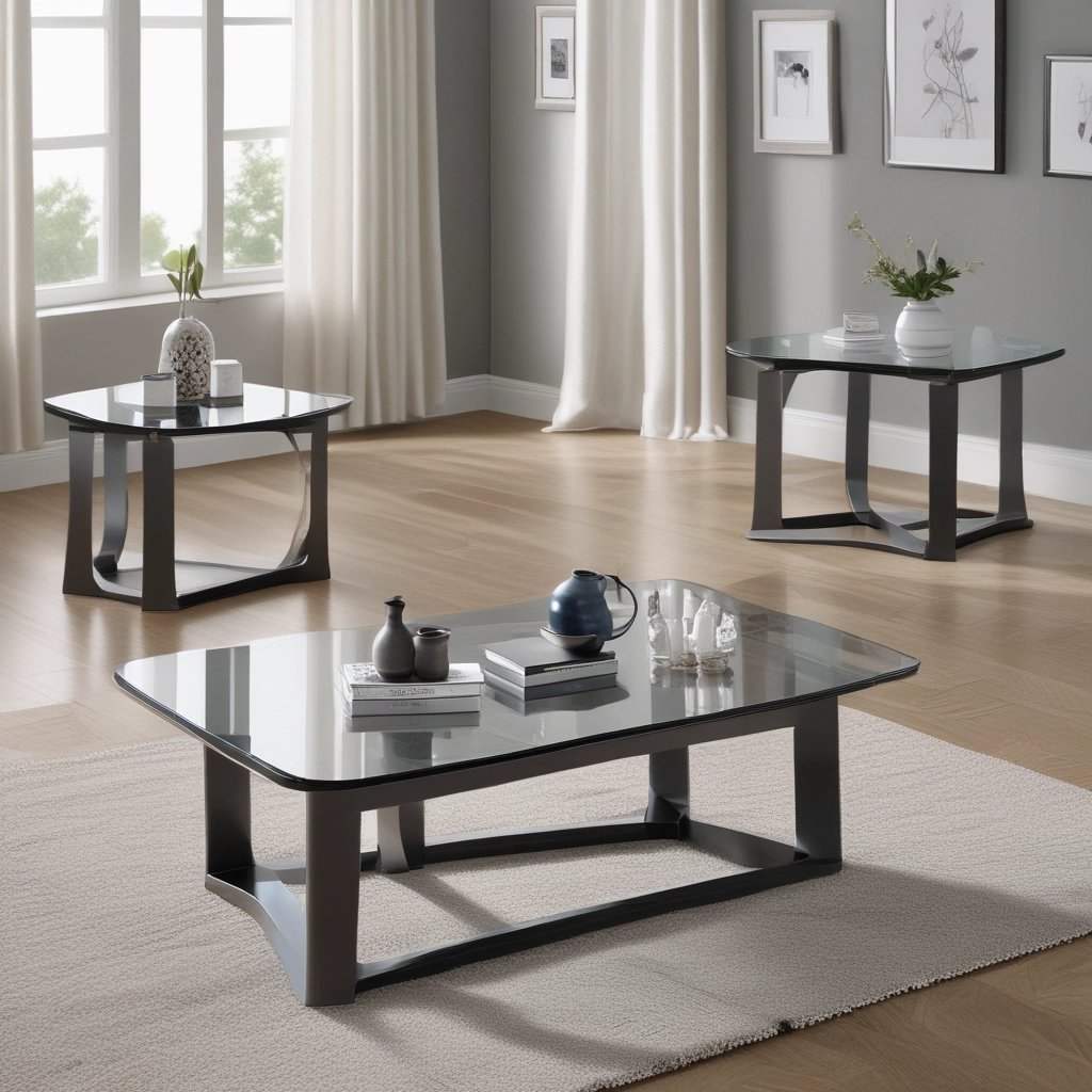 A modern furniture showroom with several sofas and beds displayed. The interior is illuminated with ceiling lights and features white brick columns. A person is seen sitting on a chair in the background.