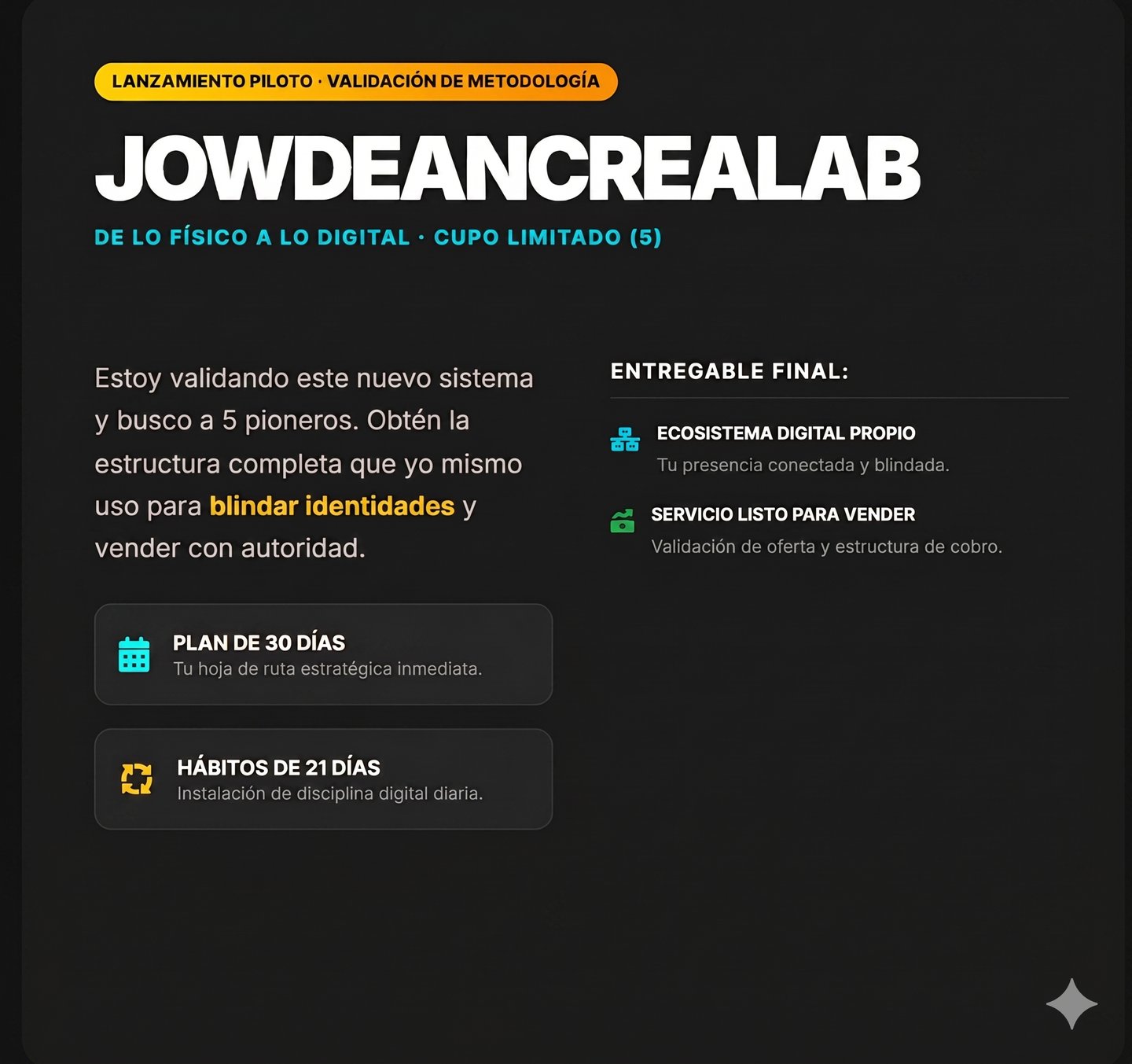 Jowdeancrealab digital methodology pilot launch banner for personal branding and online identity protection.