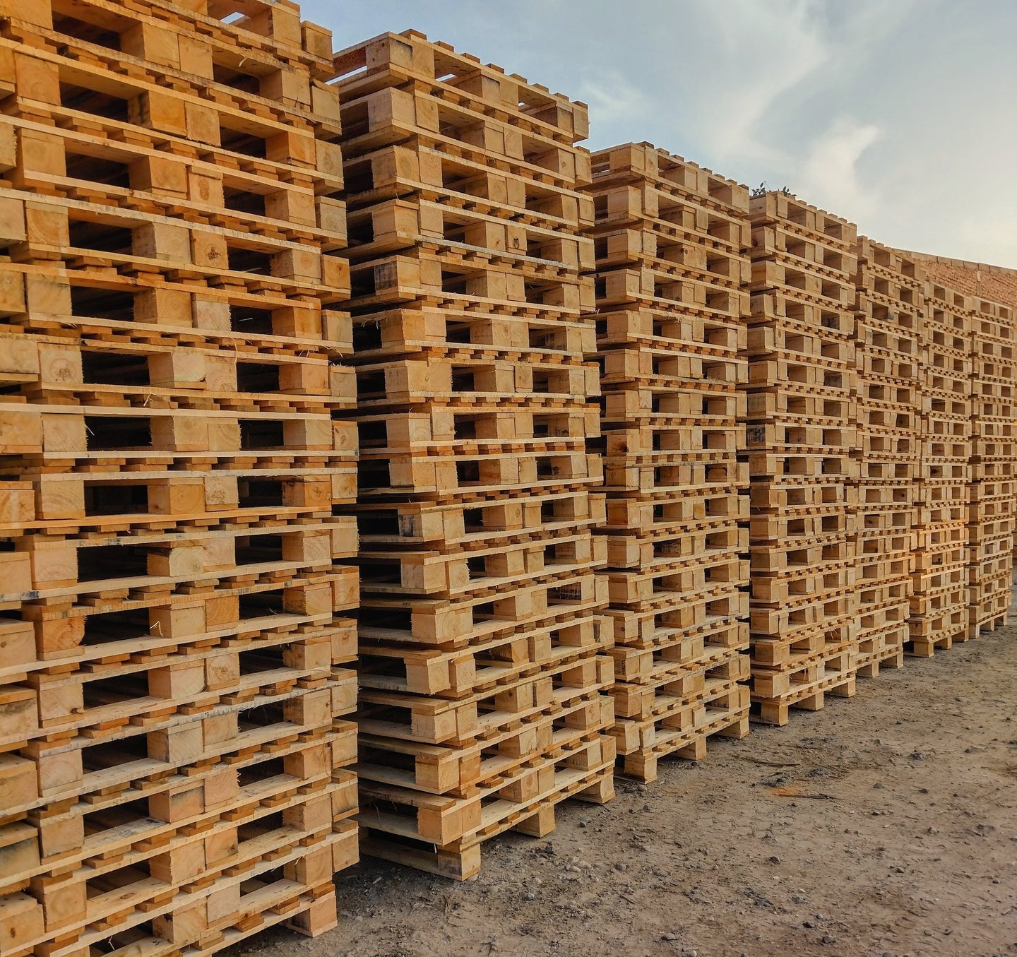Grandes pilas de palés de madera industriales almacenadas al aire libre para su envío y logística.