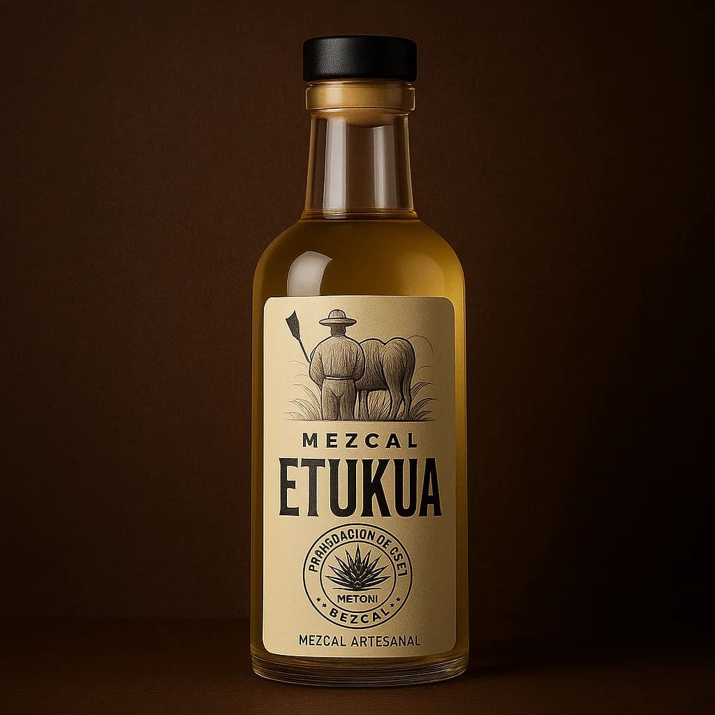 Close-up de una etiqueta de mezcal artesanal con el sello oficial de Denominación de Origen Mezcal.