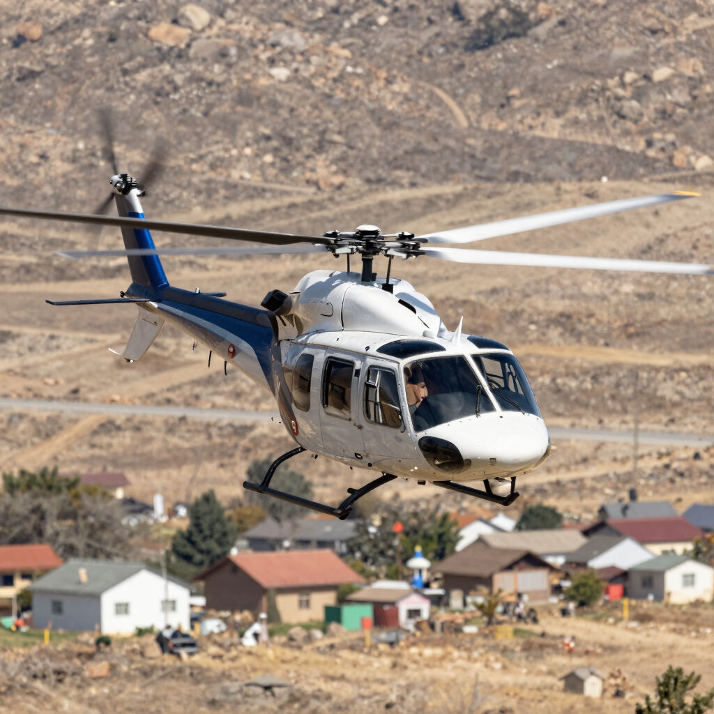 a helicopter flying in the sky with a half moon in the background