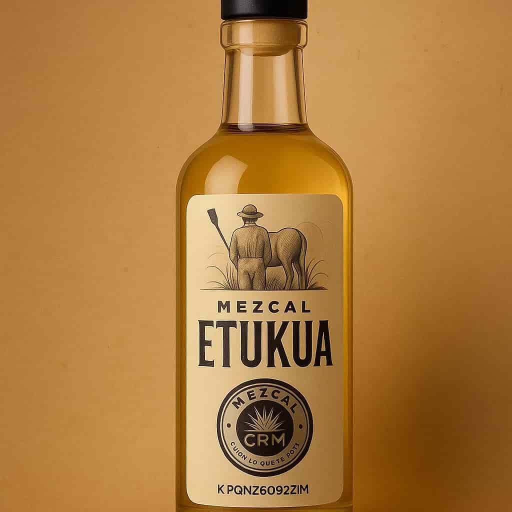 Etiqueta oficial de certificación CRM en botella de mezcal artesanal
