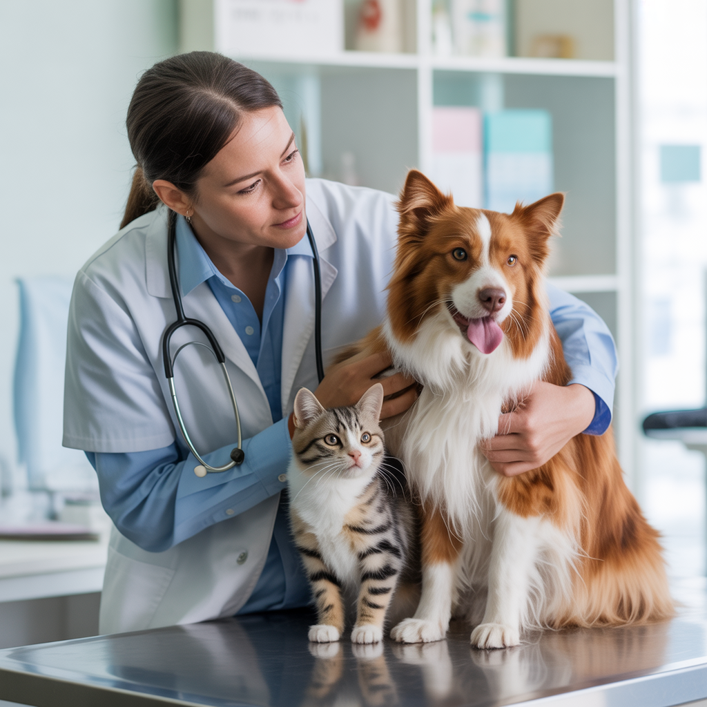 Veterinarian checking the health of a dog and a cat during a routine visit.