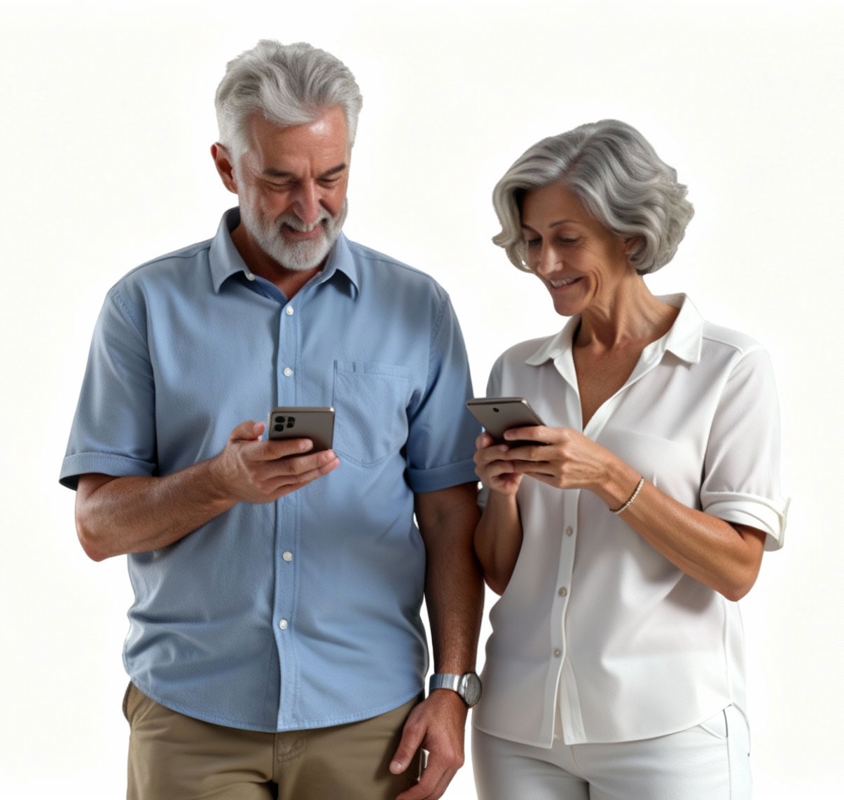 hombre y mujer parados juntos, mirando su smartphone