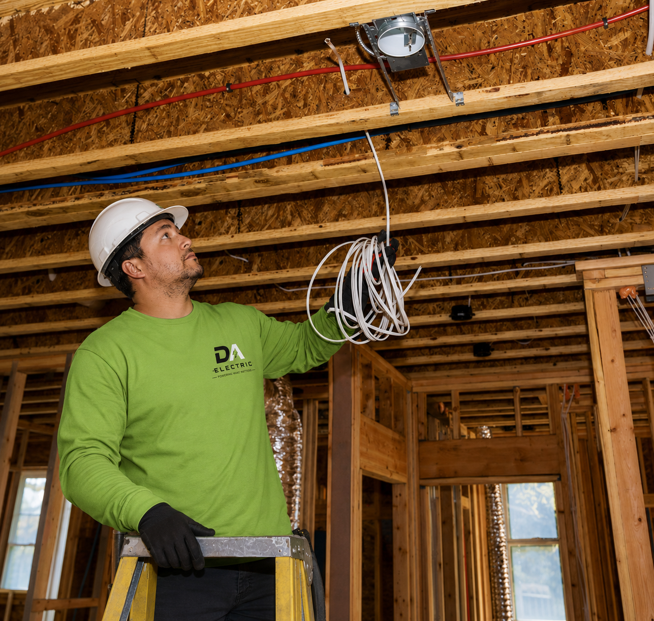 Residential electrician installing wiring in new construction Kansas City