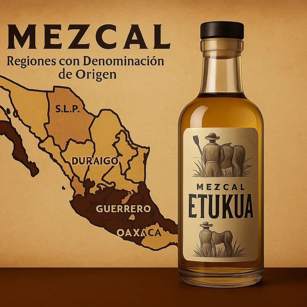 Mapa ilustrado de México destacando los estados certificados para producción de mezcal con denominac