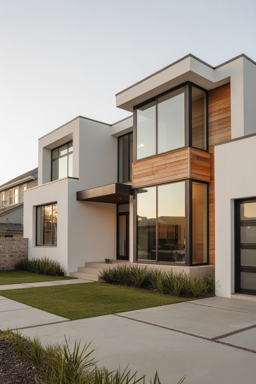 Modern two-story custom home with white stucco, wood siding, and large black-framed windows.