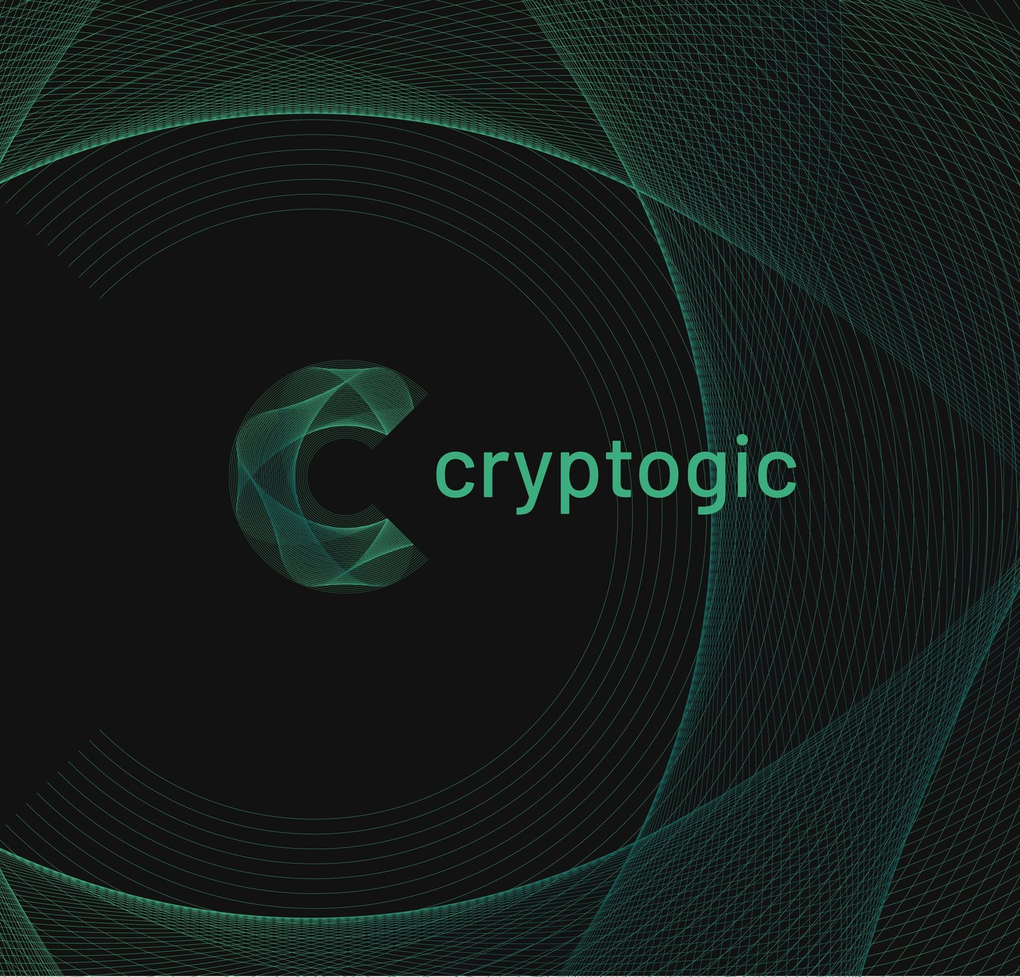 Cryptogic logo featuring a green geometric C icon on a dark digital background with mesh grid lines.