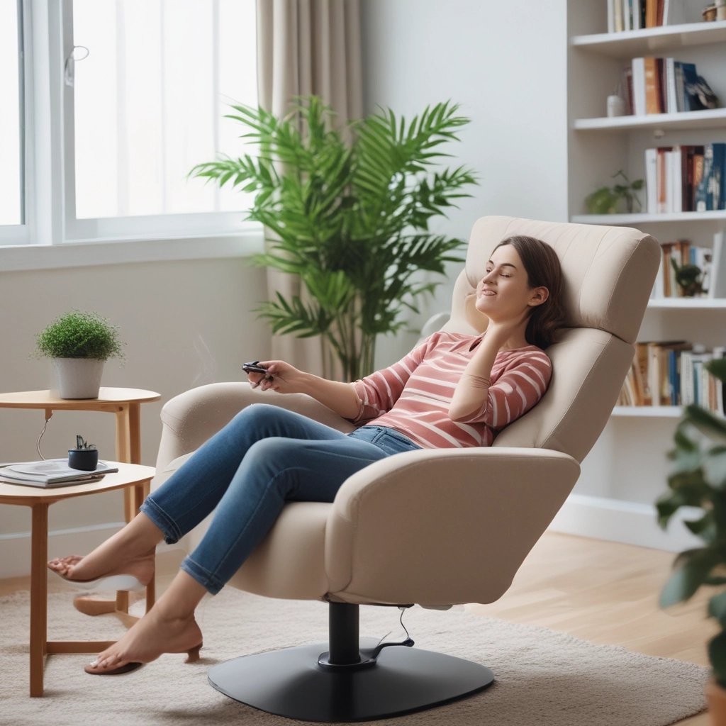 a man sitting in a reclining chair with a remote control