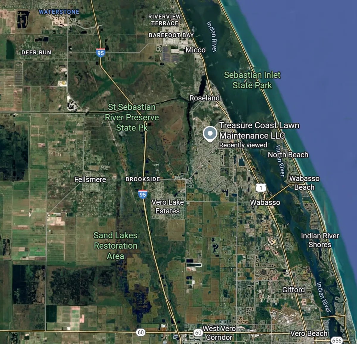 Map showing service area for a lawn care company in Sebastian FL