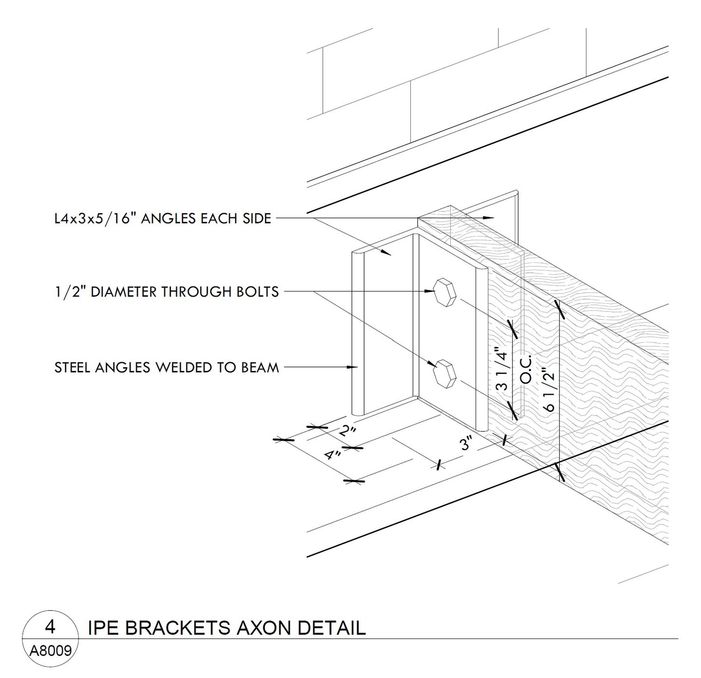 A construction detail drawing of wood-steel beam connection