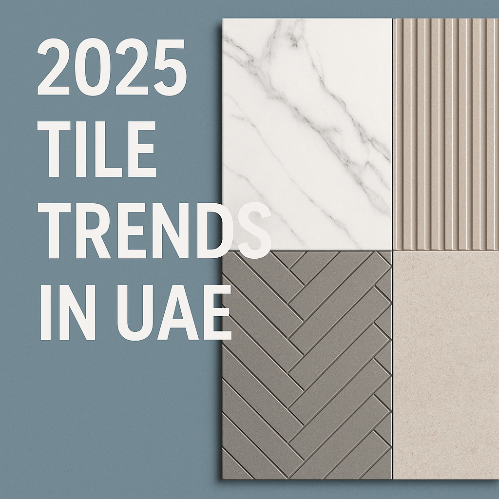 Modern tile display with trending 2025 textures and patterns at Gulf Ceramics showroom in Sharjah.