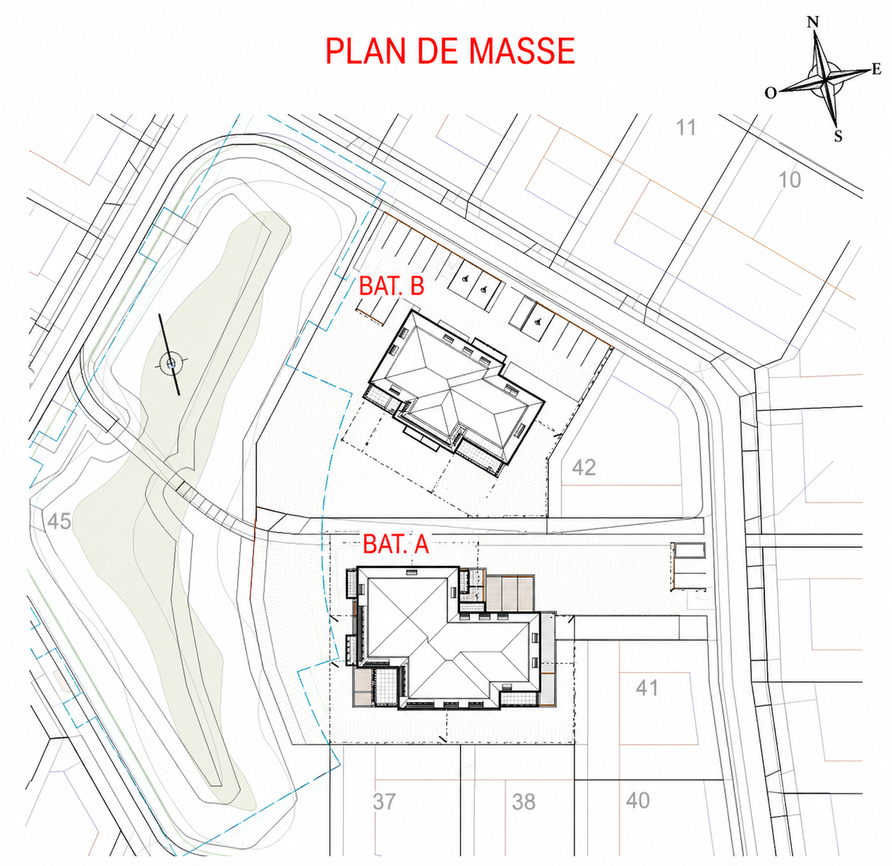 Plan de masse architectural d’un programme immobilier montrant l’implantation des bâtiments A et B, 