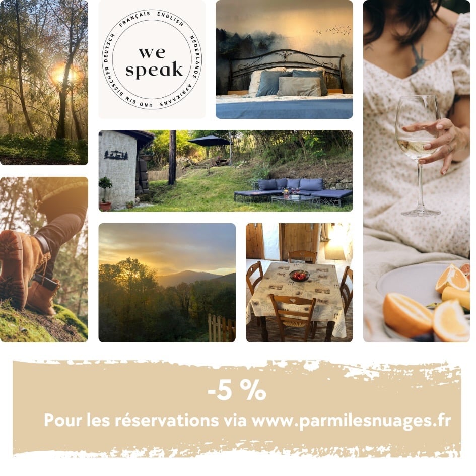picture of gîte Parmi Les Nuages in Ariège, showing the garden, bedrooms and the whole property