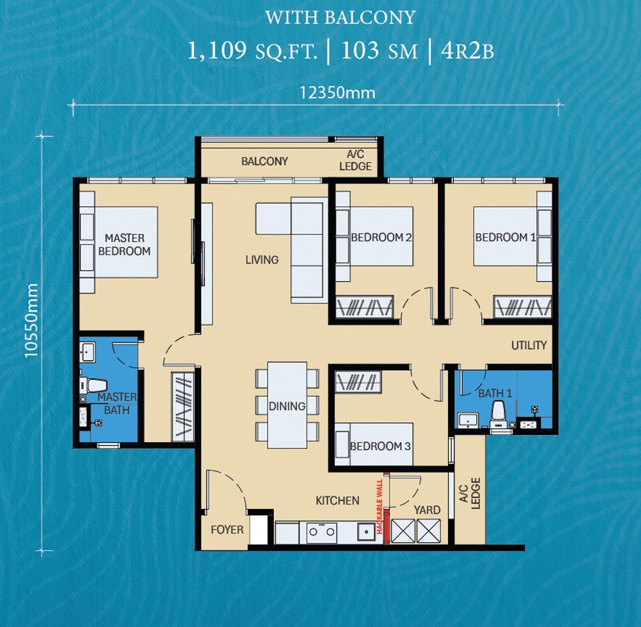 A 1,109 square foot 4-bedroom apartment floor plan featuring a balcony, master suite, and kitchen yard.