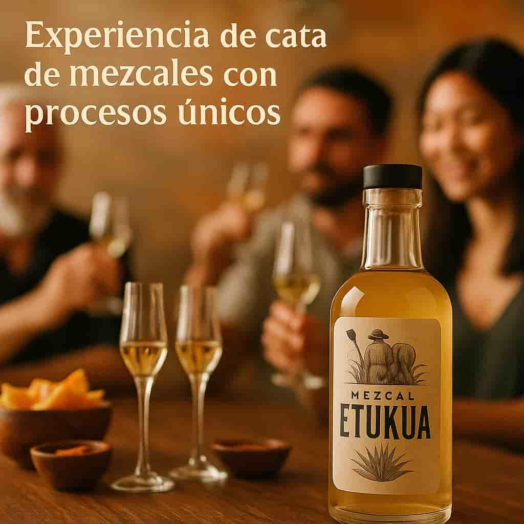Personas disfrutando una cata de mezcal artesanal con copas especiales y accompaniamientos tradicion