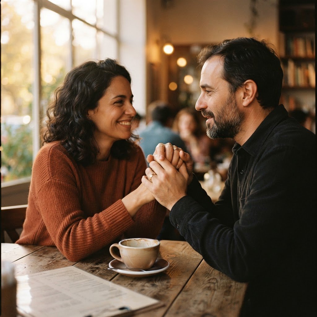 Casal em conversa íntima e genuína, mãos entrelaçadas sobre uma mesa de café, luz suave de fim de tarde entrando pela janela, tons quentes e profundos, foco nas mãos e expressões, profundidade de campo rasa, estilo fotográfico editorial.