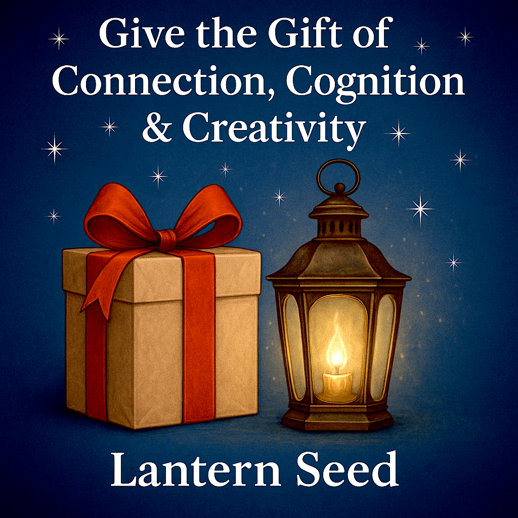 Gift box with red bow beside glowing lantern against starry night sky