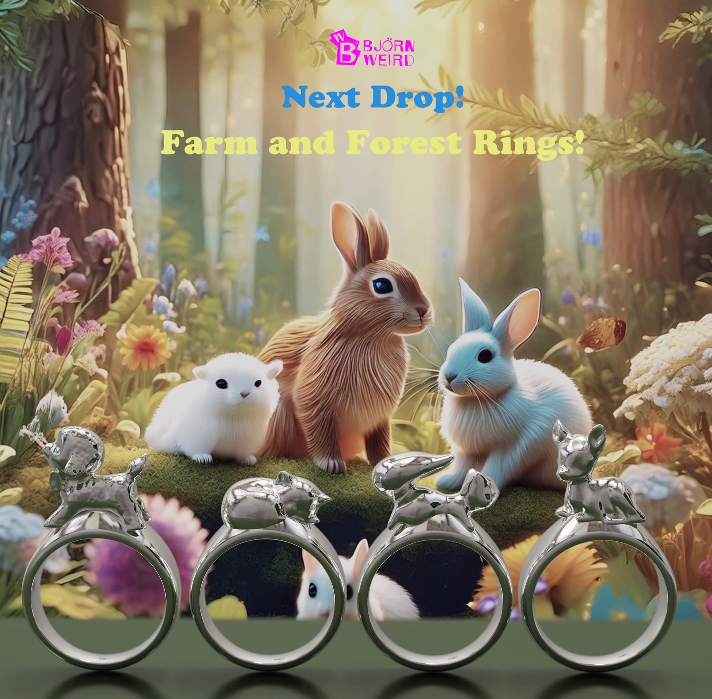 cute Silver ring of forest and farm animals. Fun, Kitsch Cute