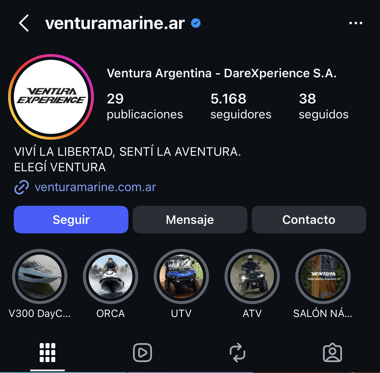 Captura de pantalla del perfil de Instagram de Ventura Argentina que muestra barcos, UTV y vehículos