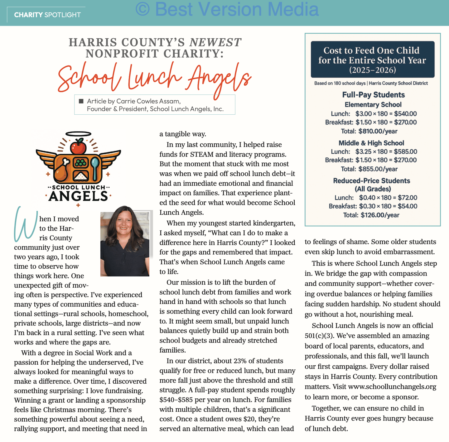 School Lunch Angels featured in the Harris County Living Magazine in September 2025.