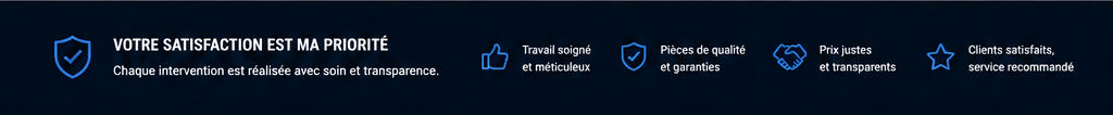 Service banner in French highlighting customer satisfaction, quality parts, and transparent pricing.