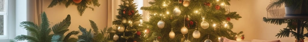 Cozy living room with Christmas trees, wreaths, and potted plants decorated with warm holiday lights.