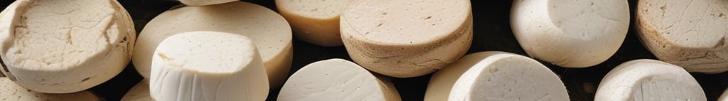 Two large, rustic wheels of cheese, one partially cut, are stacked on top of each other against a rough stone background. The cheese has a natural, textured rind and the cut reveals a smooth, pale interior.