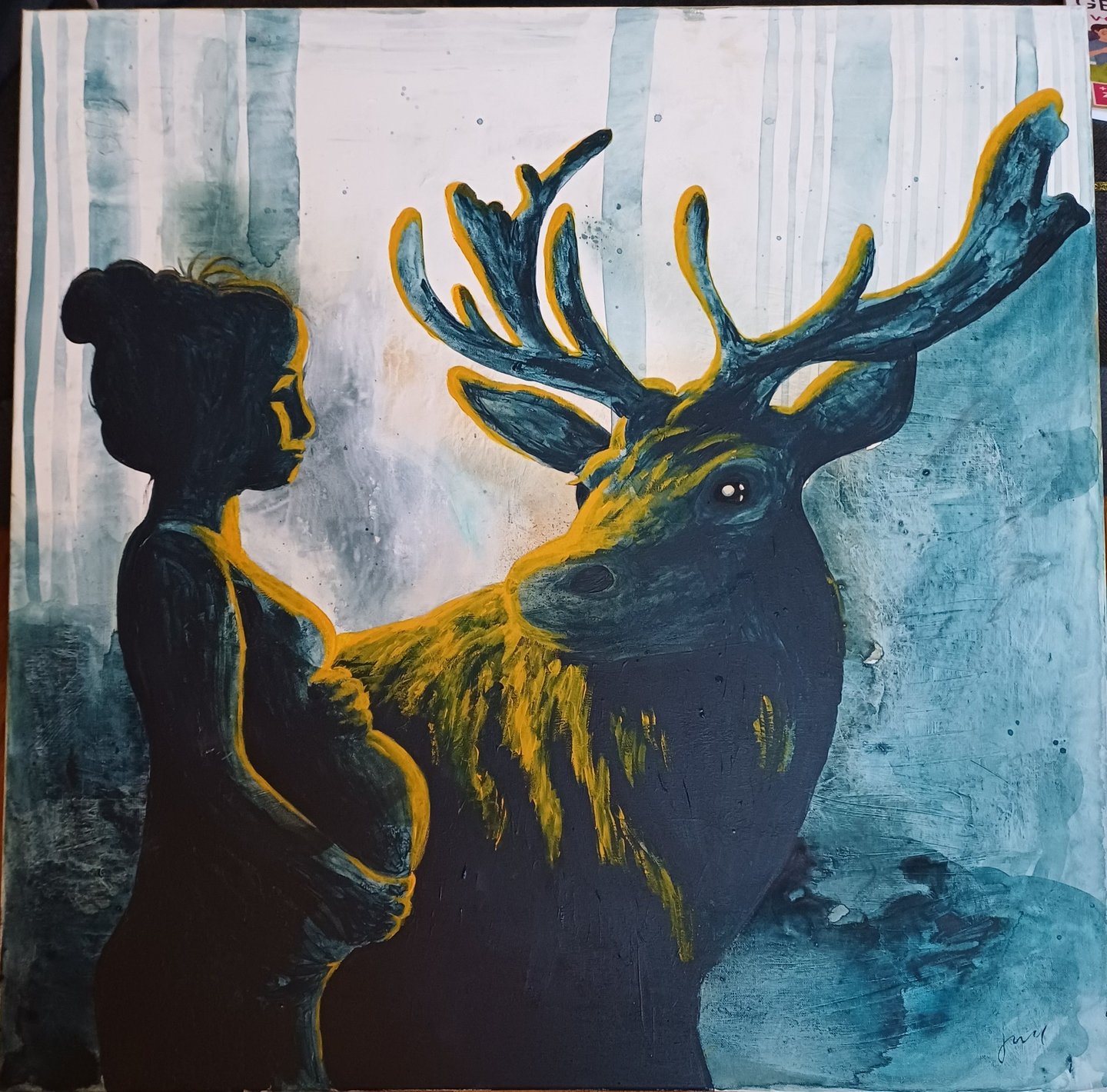 Rebirth - Originalbild - schwangere Frau und Hirsch, blau gelb