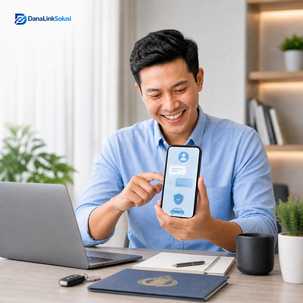 A smiling man shows a car insurance app on his smartphone while sitting at a desk with a laptop.