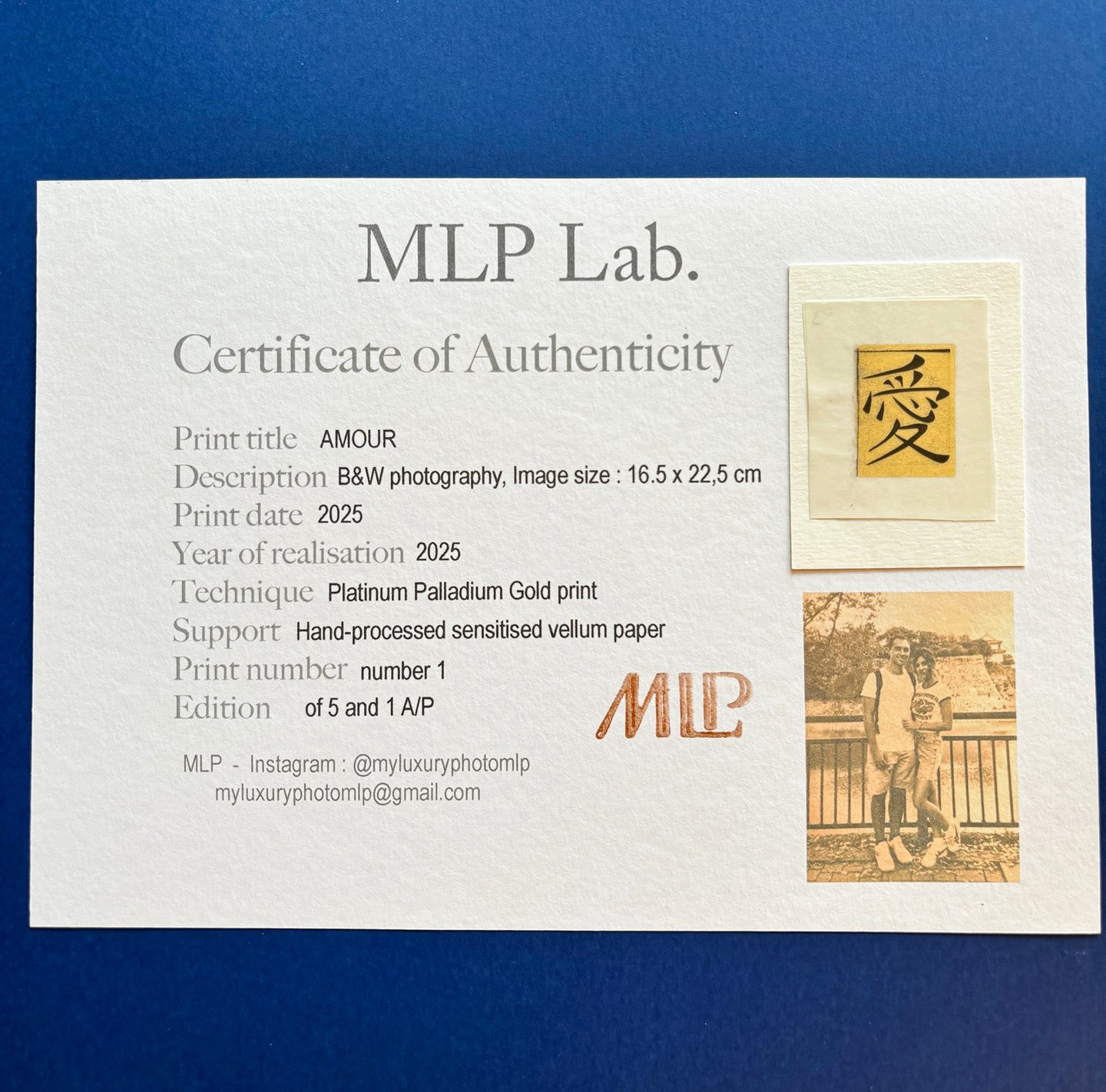 a certificate of Authenticity of a Gold and Platinum print