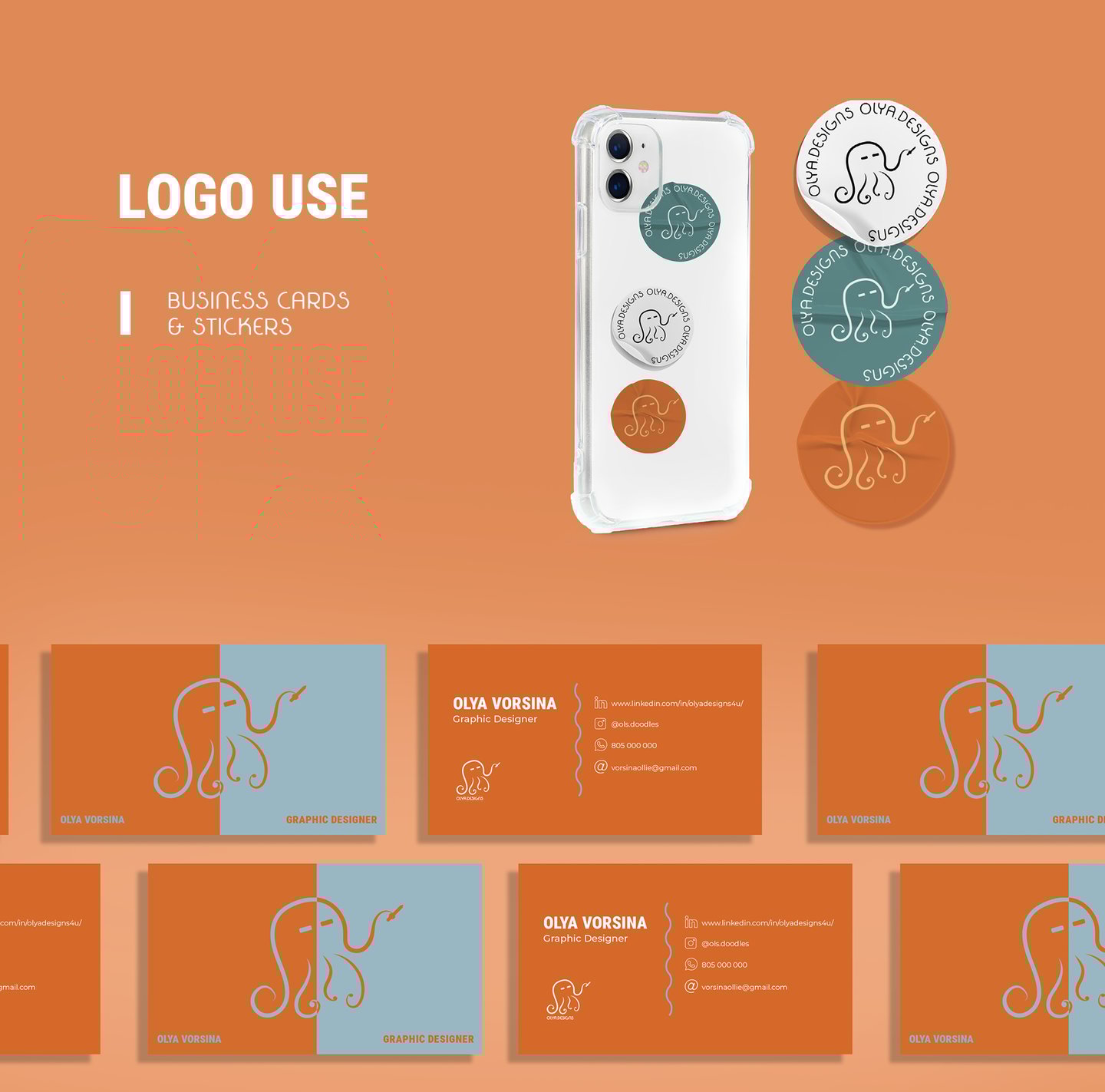 Logo Design Business cards stickers orange greem octopus warm color palette retro style design