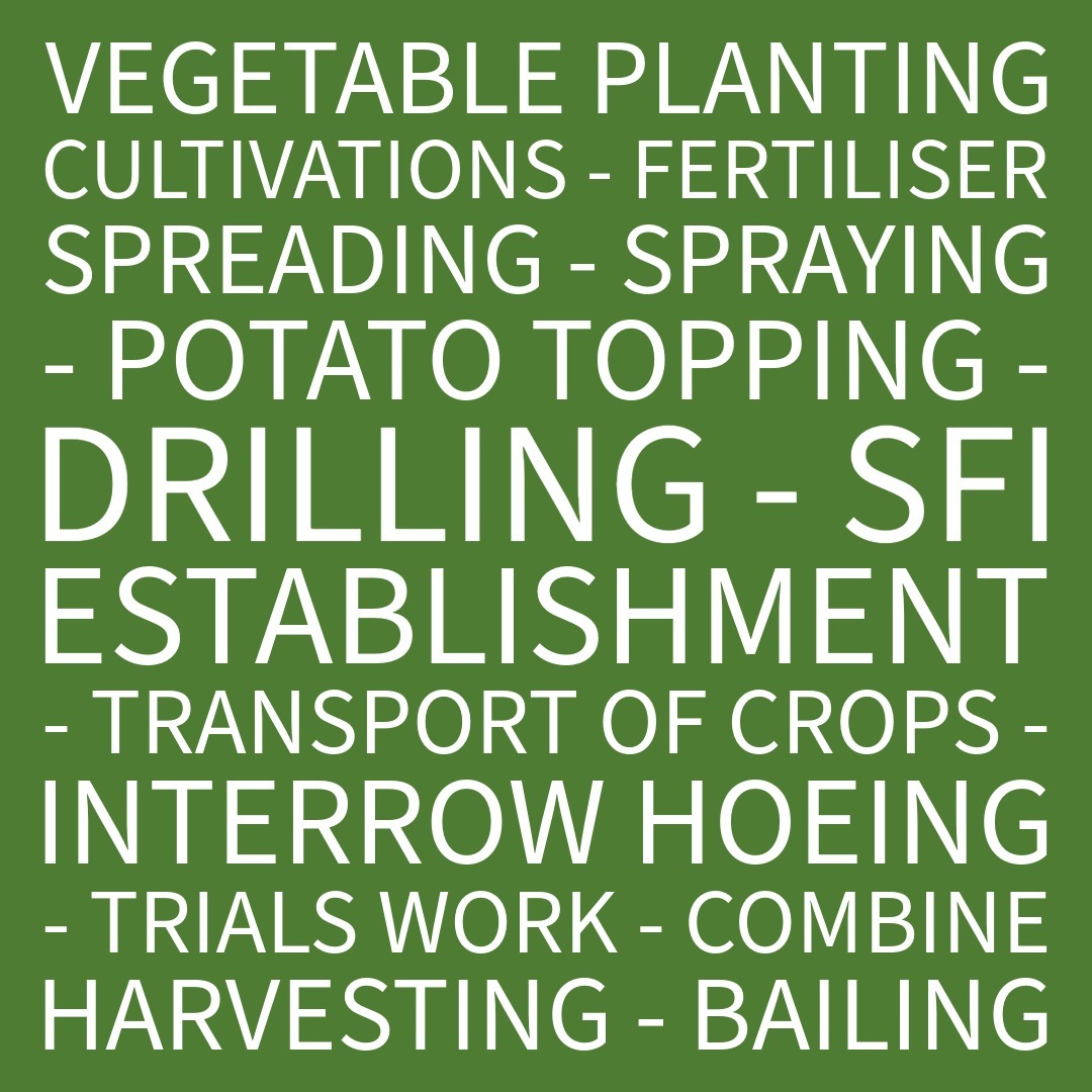  Vegetable planting Cultivations - Fertiliser Spreading - Spraying - Potato Topping - Drilling - SFI