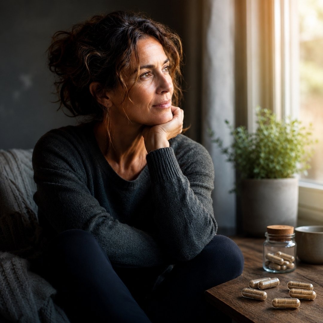 A pensive woman sitting by a window near a bottle of microdose capsules for daily wellness.