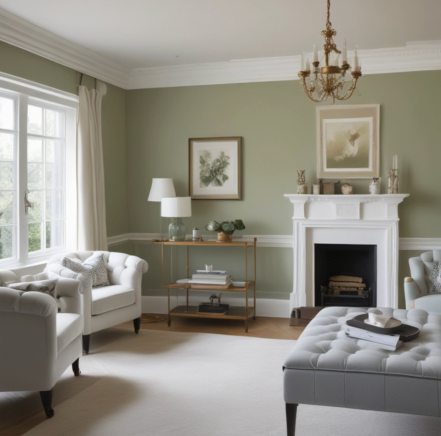 Elegant sage green living room with a white fireplace, tufted ottoman in Hove.