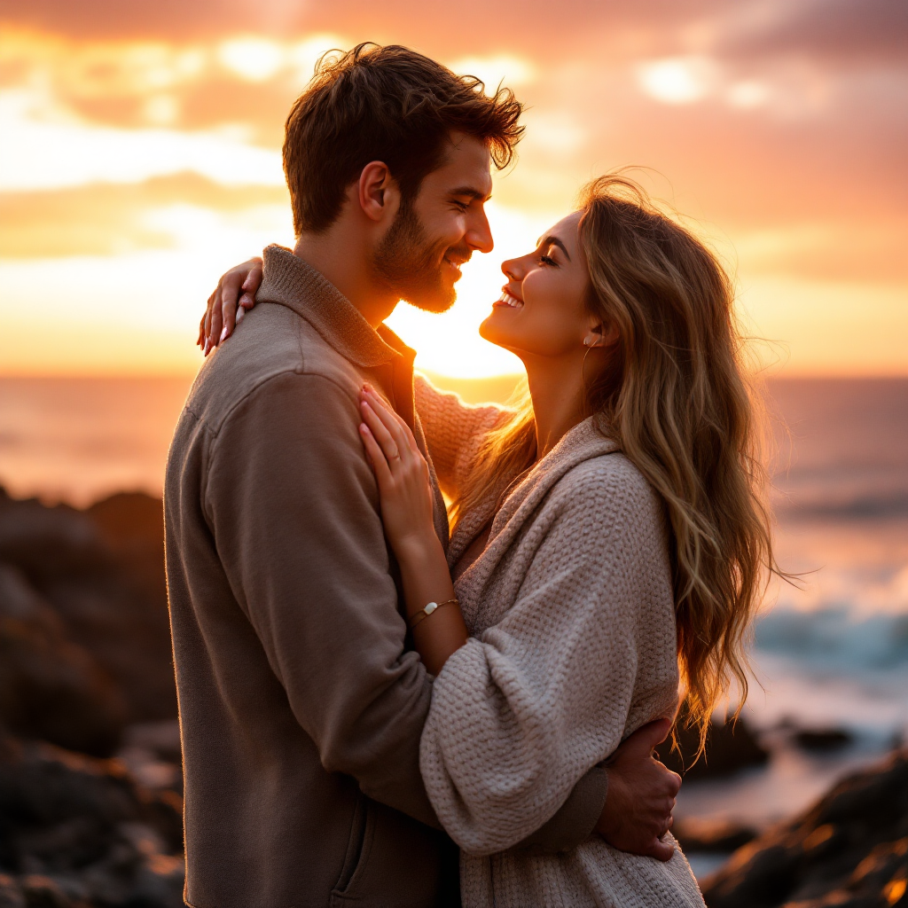 Casal se abraçando em um pôr do sol, demonstrando afeto e conexão