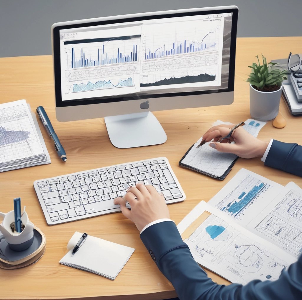A professional consultation setting with a medical professional sitting at a desk facing a client. The room has a modern aesthetic with white walls decorated with framed certificates. The desk is organized with office supplies, a laptop, and a fruit bowl in the center.