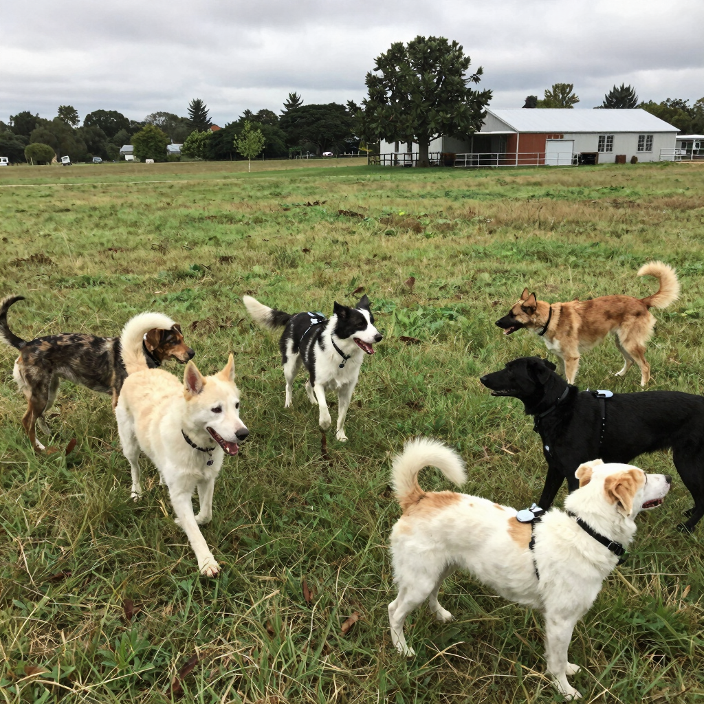 A group of six diverse dogs playing together in a grassy field with a farmhouse in the background.
