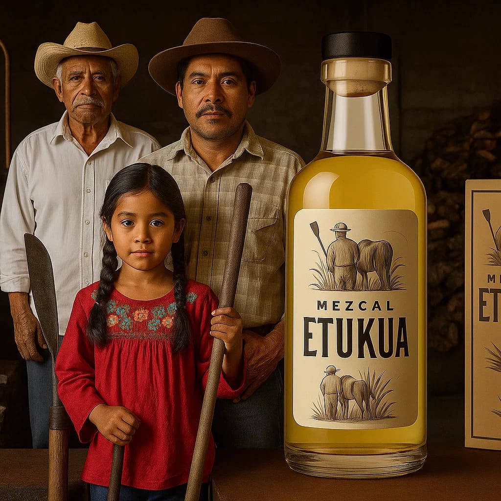 Tres generaciones de una familia mezcalera trabajando juntas en un palenque, mostrando la transmisió