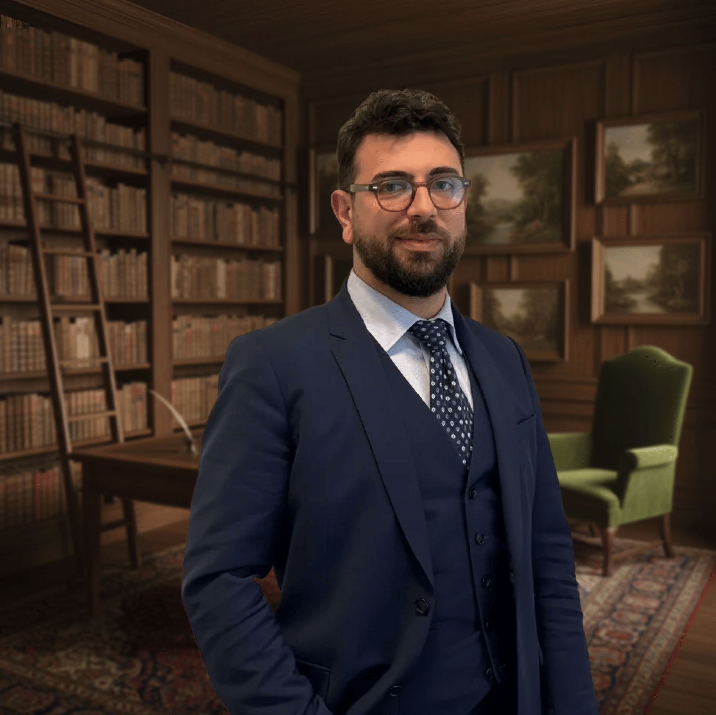 Lawyer in a navy blue three-piece suit standing in a classic library with bookshelves.
