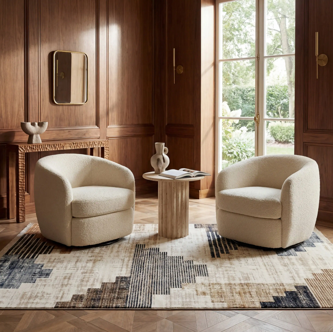 Two cream bouclé swivel chairs on a geometric rug in a luxury mid-century modern wood paneled living room.