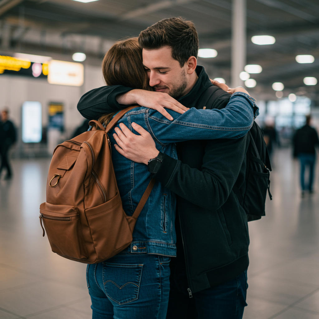um casal de namorados à distância se encontrando no saguão do aeroporto 