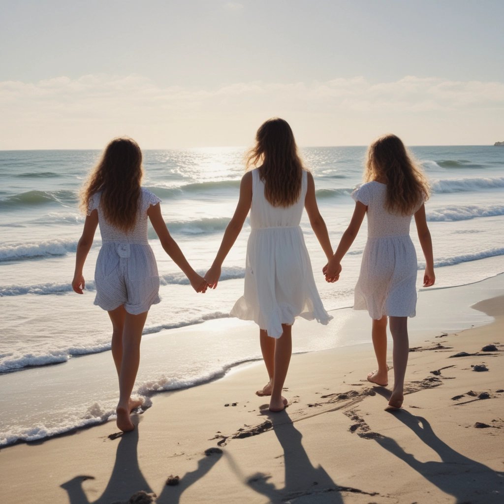 Generate the image of a sea beach with 3 youg girls of around 12 wandering with the uncle trying to