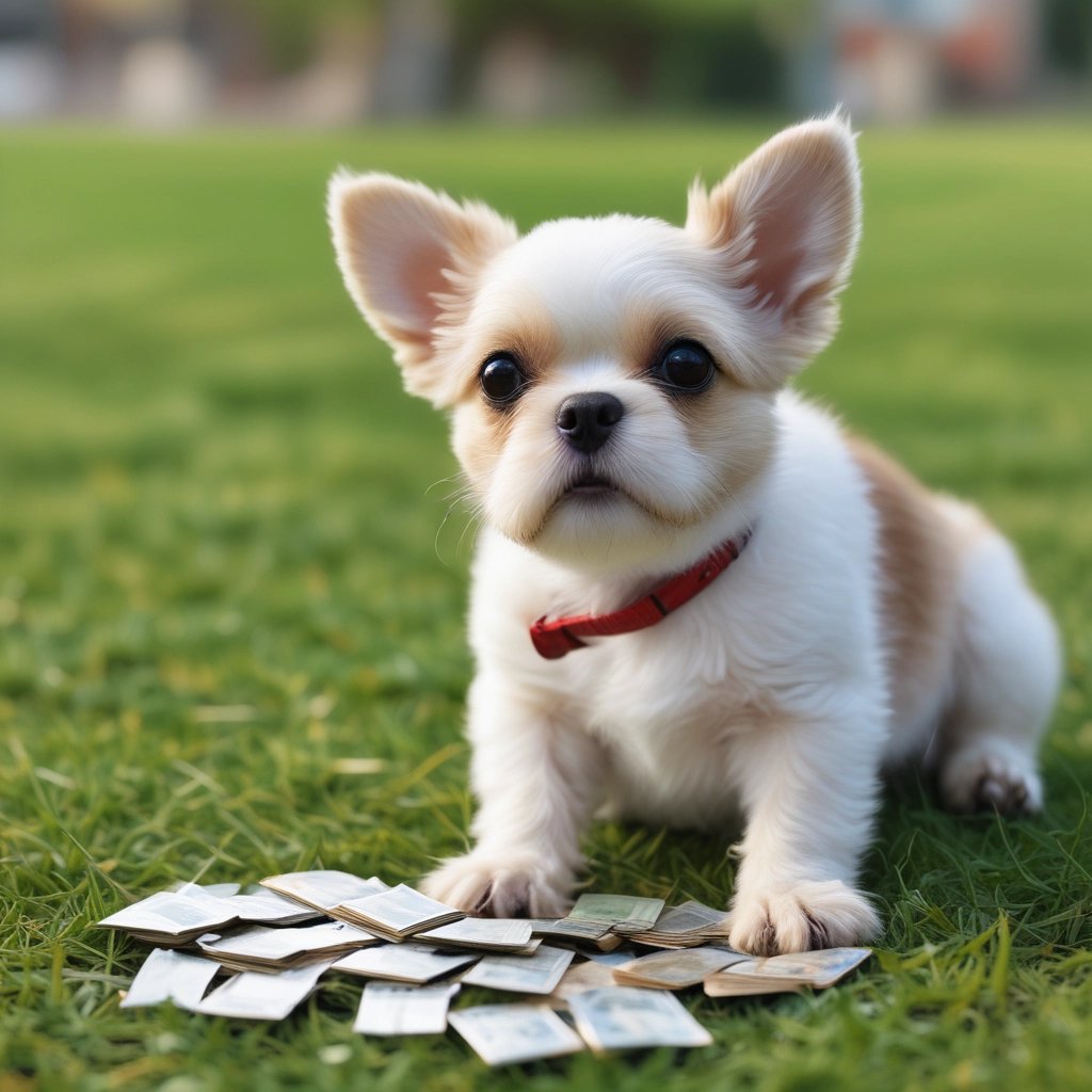 a small dog sitting on the grass with a pile of money