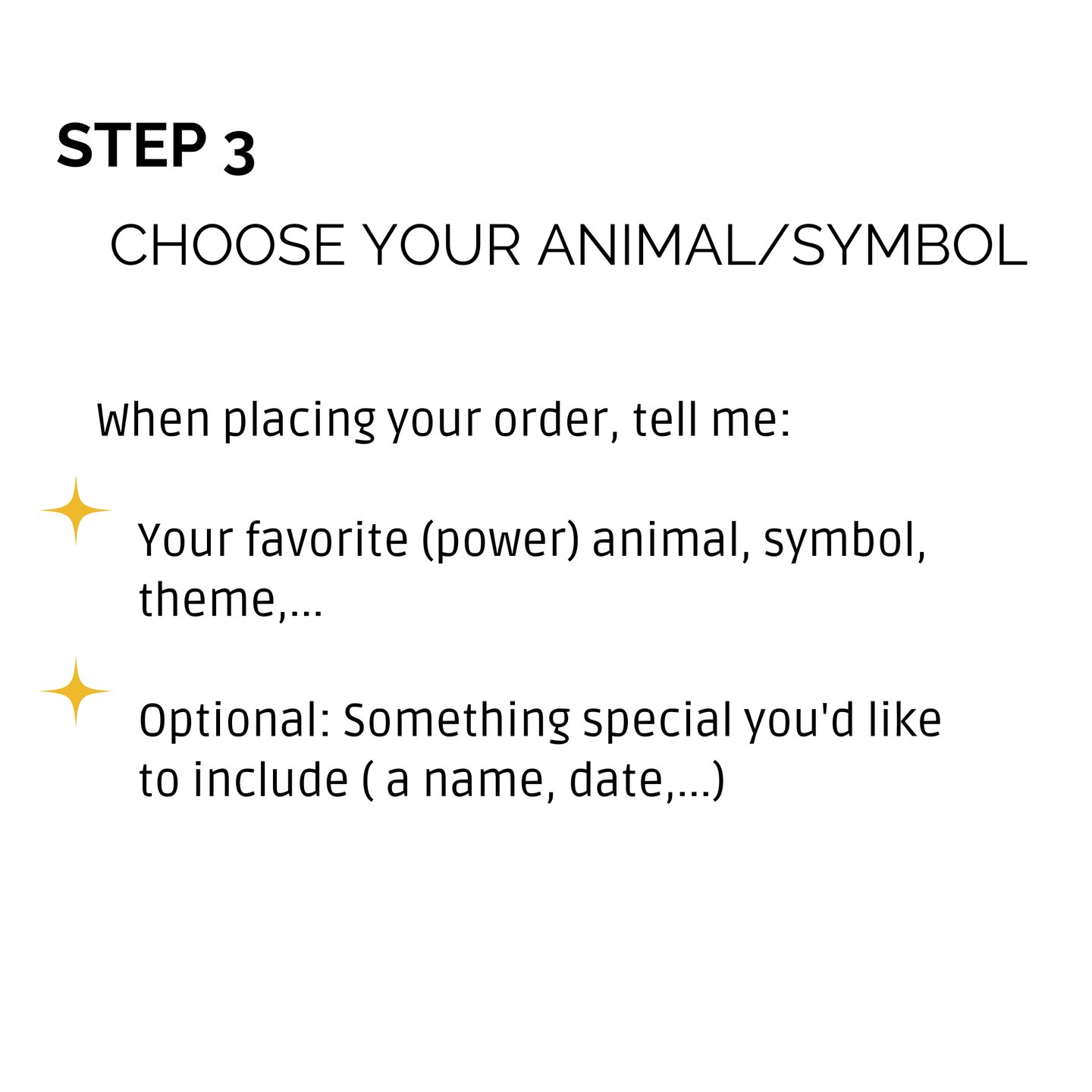 Step 3 instructions for choosing a custom power animal, symbol, or theme for personalized orders.